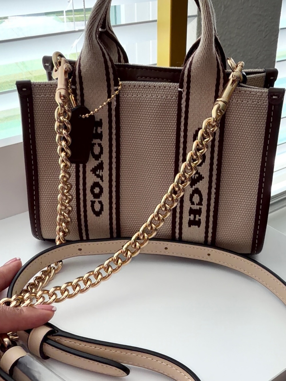 Coach Beige Canvas Satchel with Brown Trim and Gold Chain